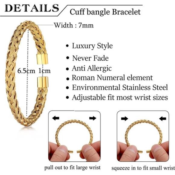 3PCS Stainless Steel Bracelets for Men Gold Roman Numeral Bangle Bracelet - Picture 6 of 7